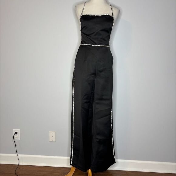Nasty Gal- Black Premium Satin Diamante Trim Strap Back Jumpsuit - Picture 4 of 7
